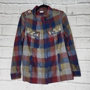 Cabi Pearl Embellished Full Zip Plaid Collage Jacket Multicolor Size Medium